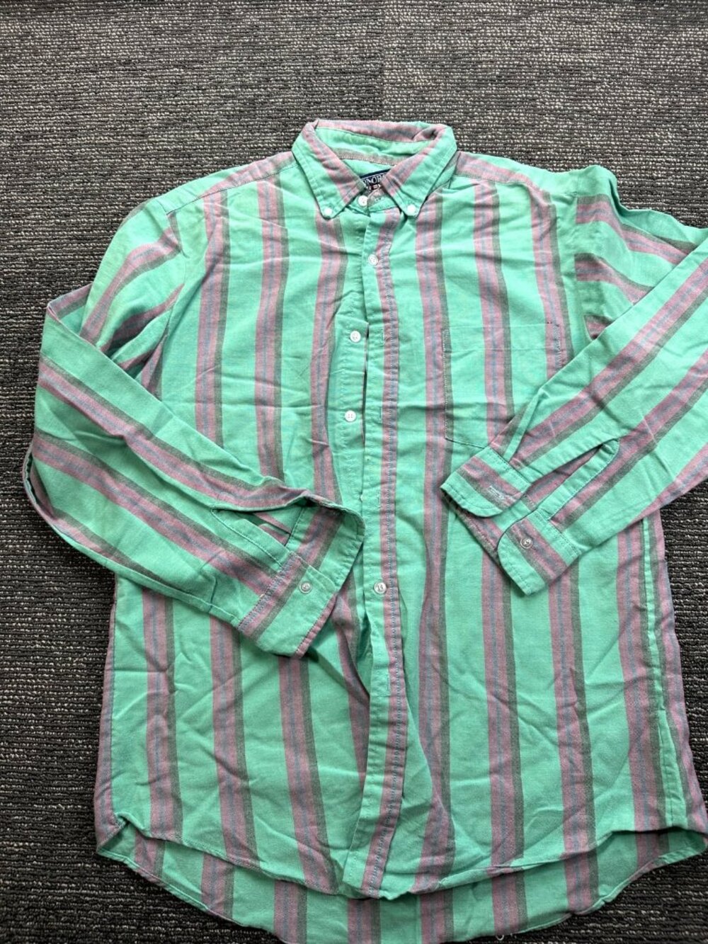 Honors Mens M Vintage 90s Green Pink Stripe Button Down Short Sleeve Shirt